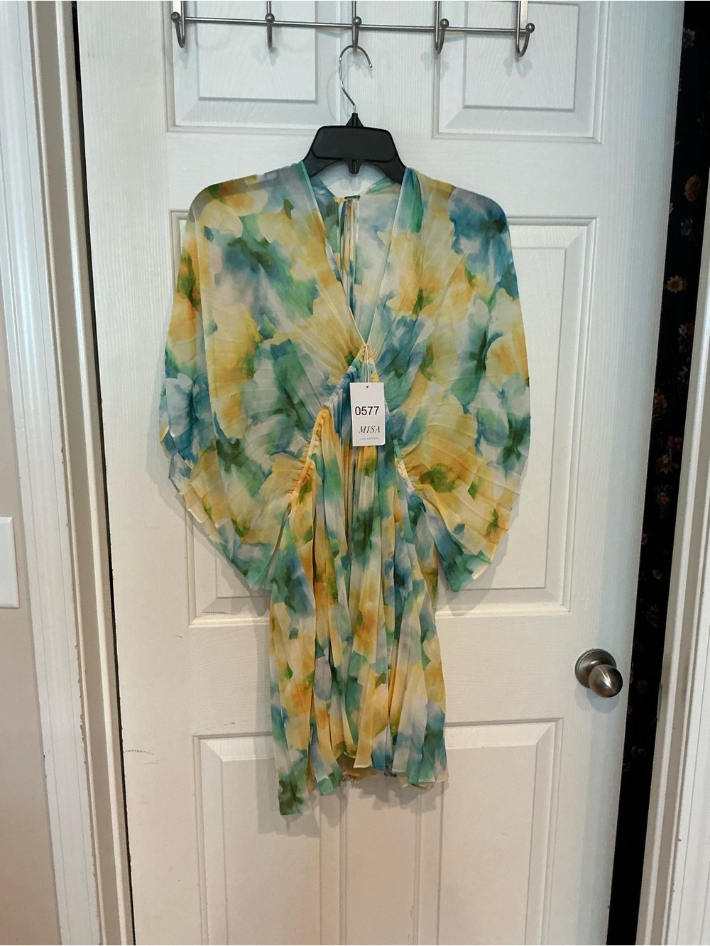 Misa Los Angeles Watercolor Yellow Green Blue Mini Dress